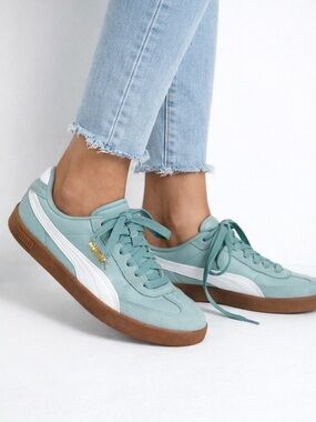 Puma Mint Green and White Suede Low-Top Sneakers